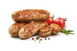 Grilled Bratwurst Sausages with pepper, herbs and tomatoes, isolated on a white background. Close-up