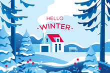 Winter Landscape With House. Vector Illustration.