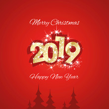 Christmas And Happy New Year 2019 Gold Red Firework Greeting Card Design