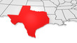 Texas state highlighted in red on 3D map of the United States