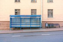 Blue Empty Bus Stop In The City Or Suburb In The Early Morning