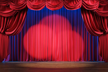 Wall Mural - empty theater stage with red velvet curtains and spotlights.