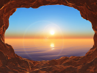 3D view from a cave looking out to a sunset ocean