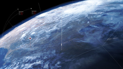 Fototapete - Futuristic Earth strategic defense targeting infographic head up display of incoming missile and enemy aircraft