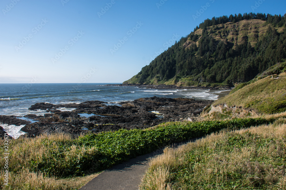 Coasted Along Rocky ocean shoreline during low tide at the Scenic Cape Perpetua area ...