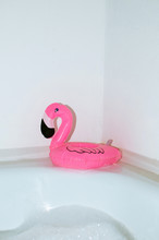 Pink Flamingo Toy In Bathroom