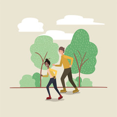 Wall Mural - couple on roller skates in the park