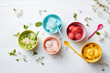 colorful ice cream in bright colored plates