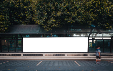 Wall Mural - big blank billboard white led screen horizontal outstanding in the city on pathway walking at side t