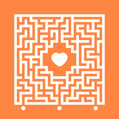 Canvas Print - Abstract white square maze. Find the right path to the heart. Labyrinth conundrum. Love search concept. Flat vector illustration isolated on color background.