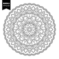 Wall Mural - Monochrome ethnic mandala design. Anti-stress coloring page for adults. Hand drawn illustration