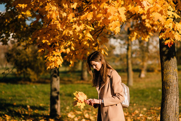 Beautiful young happy girl with a bright red-yellow autumn leaf in the park