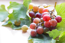 One Bright Branch Of Ripe Pink Juicy Grapes On Green Leaves