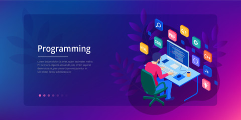 Wall Mural - isometric programmer coding new project. web developer, programming concept. landing page or mobile 