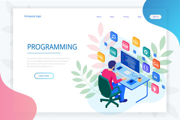 Wall Mural - isometric programmer coding new project. web developer, programming concept. landing page or mobile 