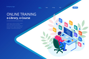 Wall Mural - isometric programmer coding new project. web developer, programming concept. landing page or mobile 