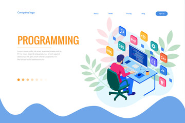 Isometric programmer coding new project. Web developer, programming concept. Landing page or mobile website development template.