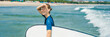 © galitskaya - Young woman in swimsuit with surf for beginners ready to surf. Positive emotions BANNER, LONG FORMAT