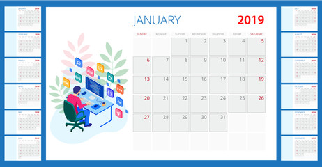 Wall Mural - calendar 2019. vector template with place for photo. 12 months. isometric developing programming and