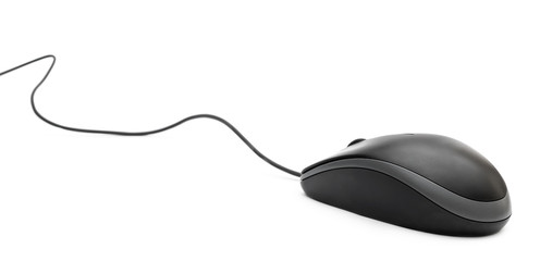 Black computer mouse on white background.