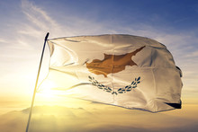 Cyprus Cypriot Flag Textile Cloth Fabric Waving On The Top Sunrise Mist Fog