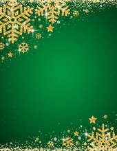 Green Christmas Background With Frame Of Gold Glittering Snowflakes, Vector Illustration