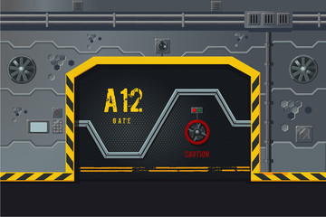 Futuristic spaceship wall with door. Game design level concept. Sci-fi background.