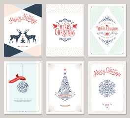 Sticker - Elegant vertical winter holidays greeting cards with New Year tree, doves, reindeers, snowflake, Christmas ornaments and ornate typographic design.