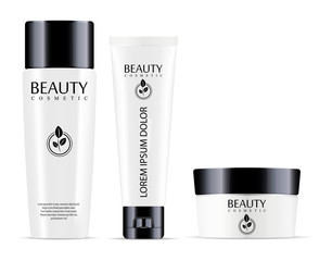 Wall Mural - Cosmetic bottle for shampoo and jar with tube for cream, ointment, powder, salt. Realistic mockup package of cometics. Vector set with sample logo and label design.