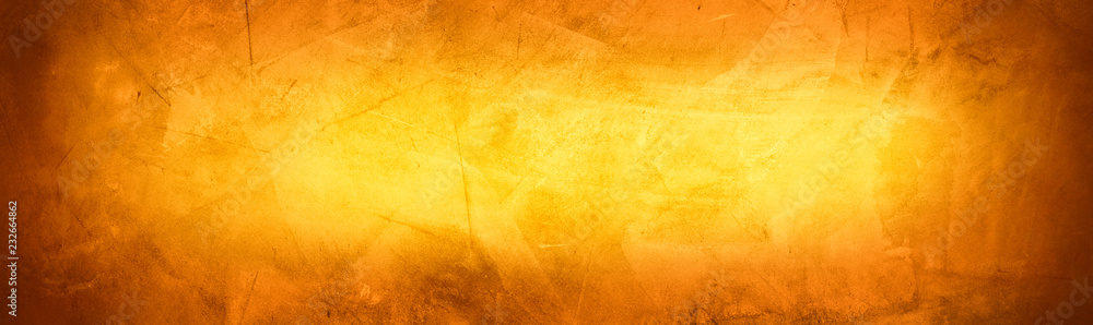 Horizontal yellow and orange grunge texture cement or concrete wall banner, blank  background - obrazy, fototapety, plakaty 