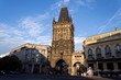 The Powder Gate Tower, Royal Route start, Old Town, UNESCO World Heritage Site, Prague, Czech Republic, sunrise sunny day