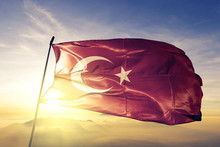Turkey Turkish Flag Textile Cloth Fabric Waving On The Top Sunrise Mist Fog