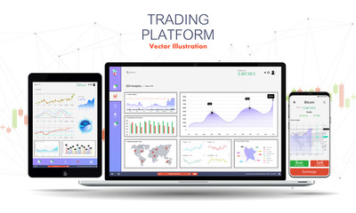 Wall Mural - Trade exchange app on phone screen,laptop and tablet. Trading platform web site template. Binary Option. Mobile banking cryptocurrency ui. Online stock trading interface vector. Dashboard UI/UX app