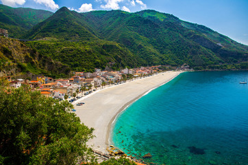 Wall Mural - Aerial top view of sandy beach Tyrrhenian sea, Scilla, Southern Italy