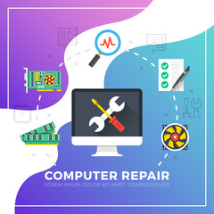 Computer repair. Flat design graphic elements. Modern vector illustration