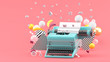 © Garfieldbigberm - Blue typewriter surrounded by letters and colorful balls on a pink background.-3d render..