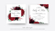 Wedding vector Floral invite, invitation save the date card  modern design: garden red rose flower, burgundy purple dahlia, eucalyptus greenery branches & berries decoration. Bohemian stylish template