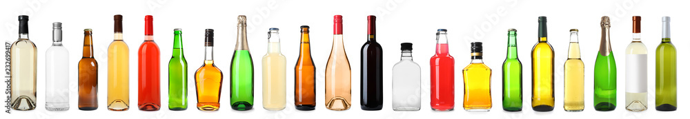 Set of bottles with different drinks on white background - obrazy, fototapety, plakaty 