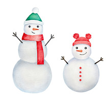 Two Happy Smiling Snowmen With Wooden Arms, Funny Carrot Noses And Warm Winter Accessories. Hand Painted Watercolour Graphic Drawing On White Background, Cut Out Elements For Design And Decoration.