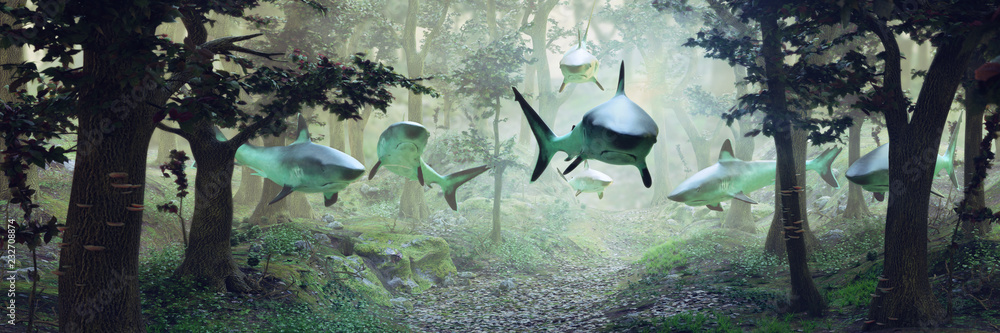 sharks swimming in forest, surrealistic scene with a group of sharks flying in foggy fantasy landscape - obrazy, fototapety, plakaty 