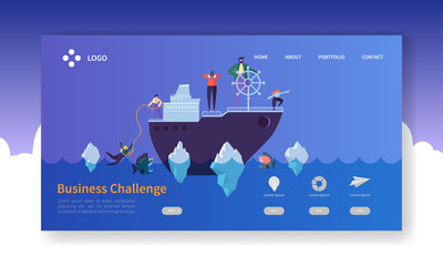 Wall Mural - business challenge landing page. banner with flat people characters on the ship in dangerous water w