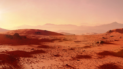 Wall Mural - landscape on planet mars, scenic desert scene on the red planet (3d space render)