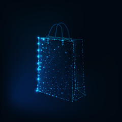 Poster - glowing low polygonal shopping bag made of stars and lines isolated on dark blue background.