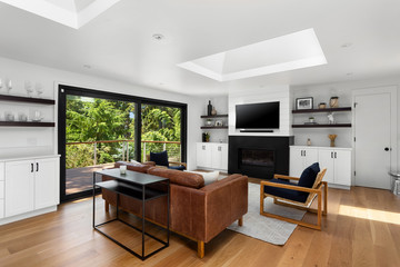 Beautiful living room in new home with exterior view of trees, fireplace, and tv. Large skylight fills the room with light. 