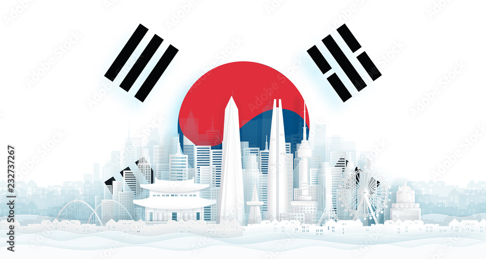 South Korea flag and famous landmarks in paper cut style vector illustration.