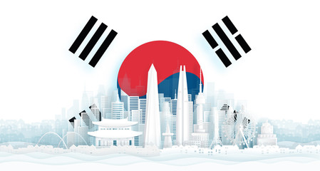 Wall Mural - South Korea flag and famous landmarks in paper cut style vector illustration.