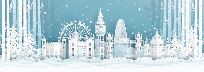 Fototapete - Panorama postcard and travel poster of world famous landmarks of London ,England in winter season in paper cut style vector illustration