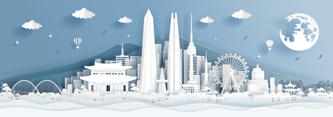 Fototapete - Panorama postcard of world famous landmarks of Korea in paper cut style vector illustration