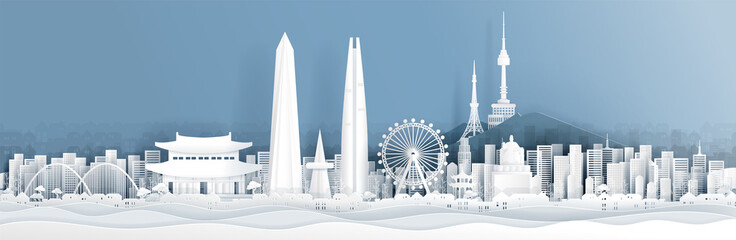 Fototapete - Panorama of South Korea with world famous landmarks in paper cut style vector illustration