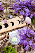 © CreativeFire - Witch Pagan Altar decorations with Moon Phases, crystals, flowers and pentacle